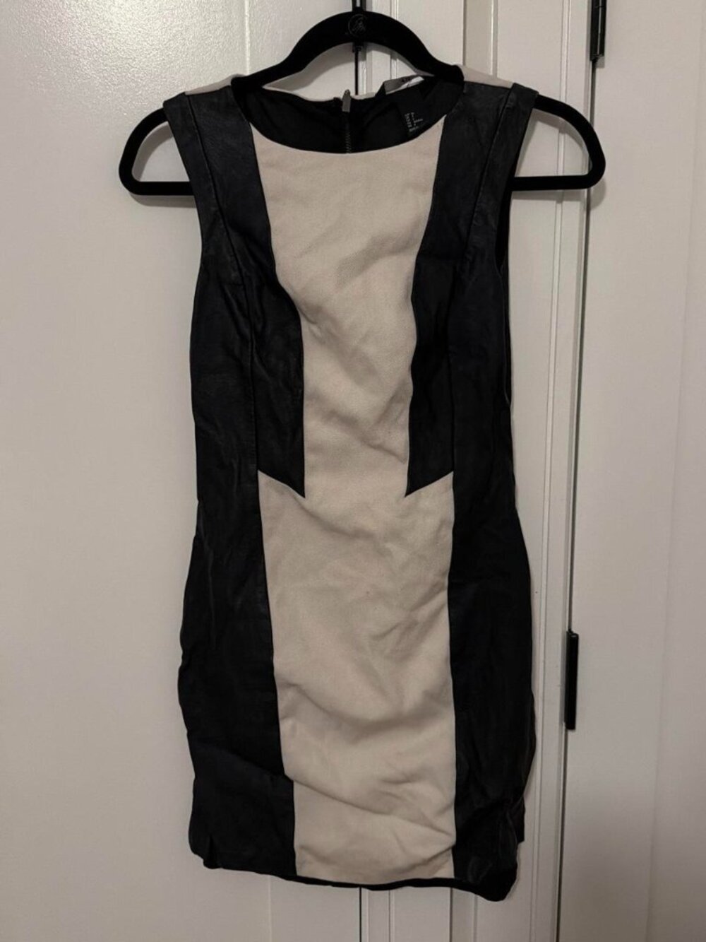 Black and cream color block bodycon dress with leather sides